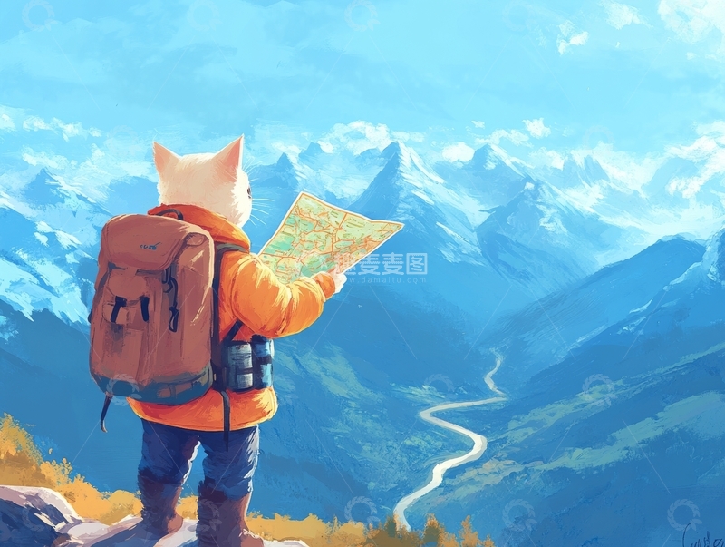 高清大图下载【趣麦麦图】背包猫手持地图眺望雪山