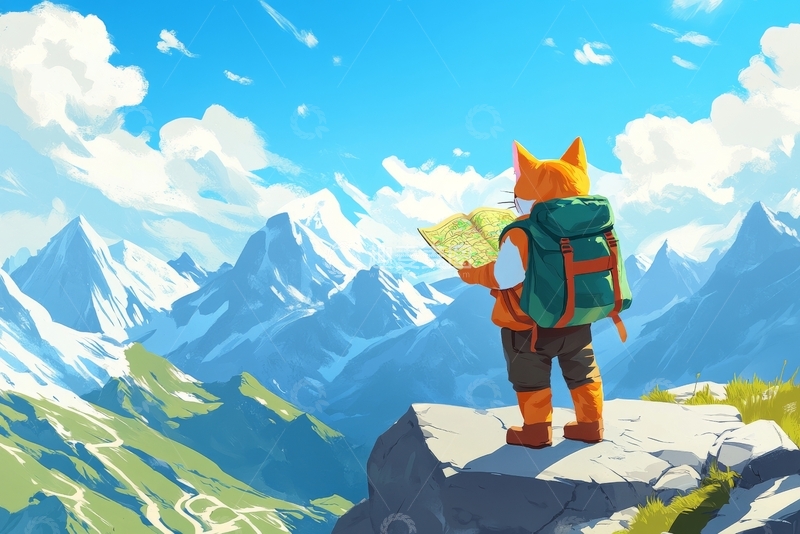 高清大图下载【趣麦麦图】探险者在山顶眺望雪山