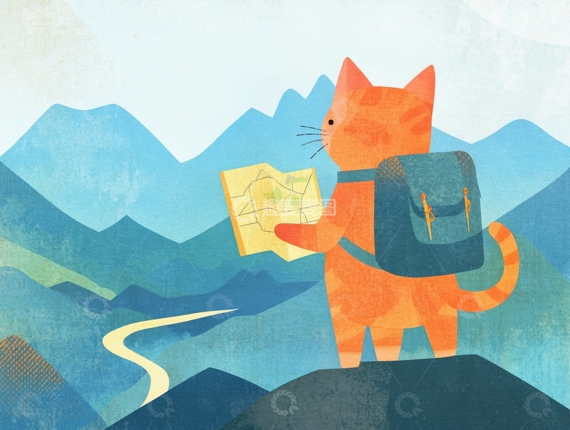 高清大图下载【趣麦麦图】猫咪探险家在山间查看地图