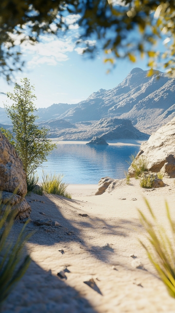 湖畔山景与沙地小径