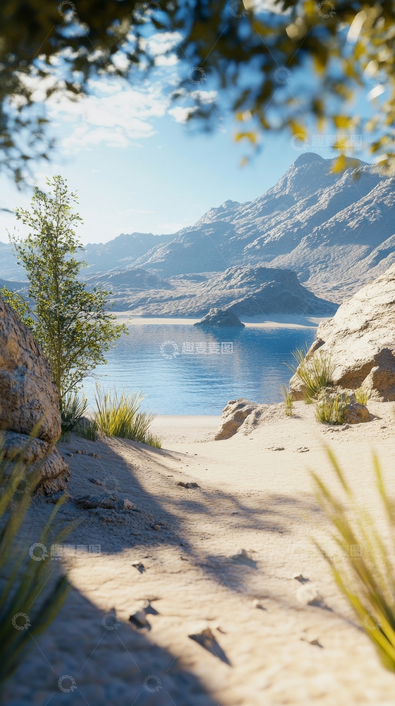 高清大图下载【趣麦麦图】湖畔山景与沙地小径