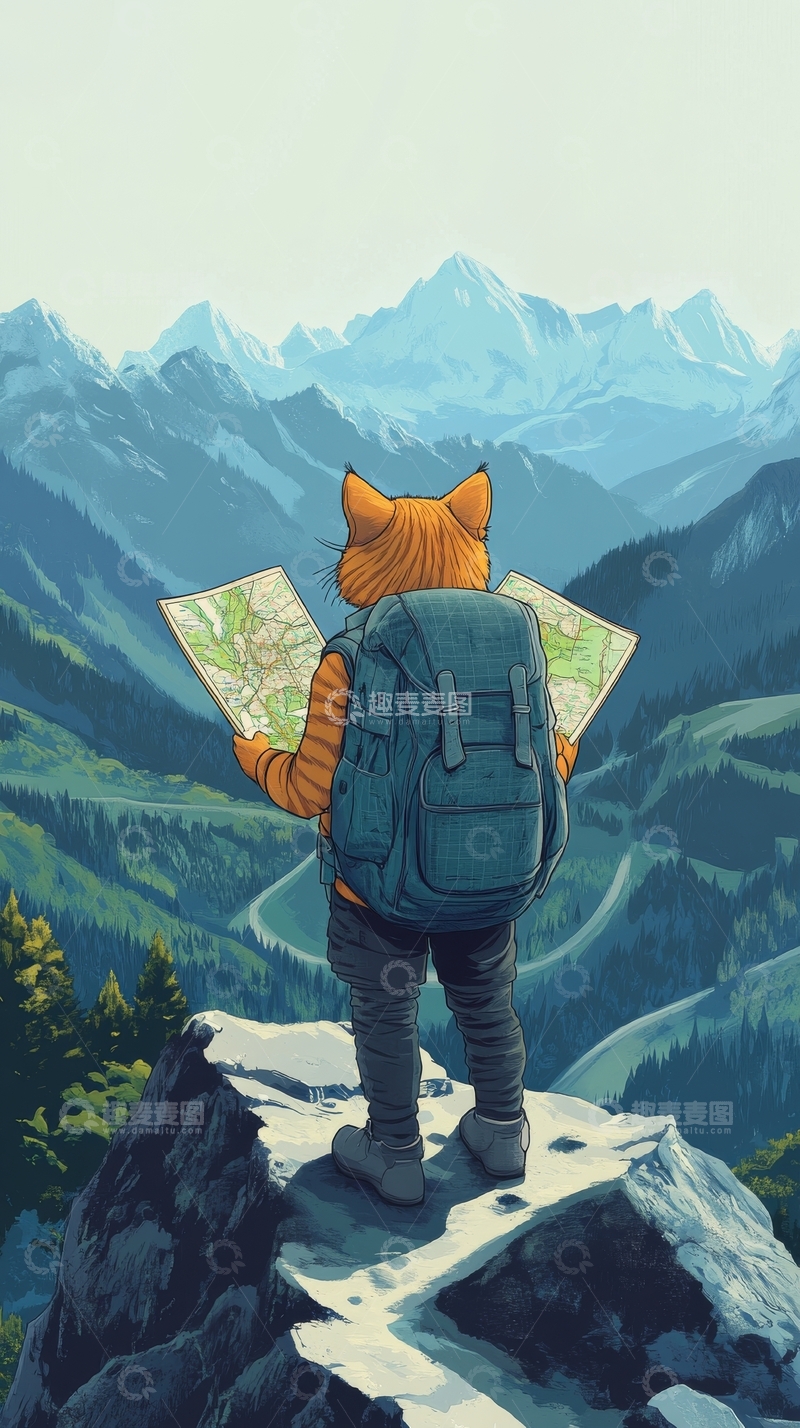 高清大图下载【趣麦麦图】猫耳旅者山间眺望