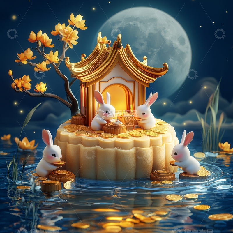 高清大图下载【趣麦麦图】月夜下的兔子与古亭