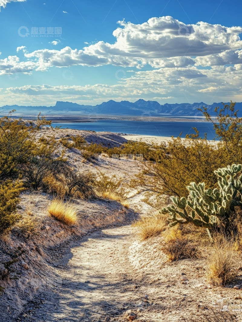 高清大图下载【趣麦麦图】沙漠小径与远处山脉湖泊