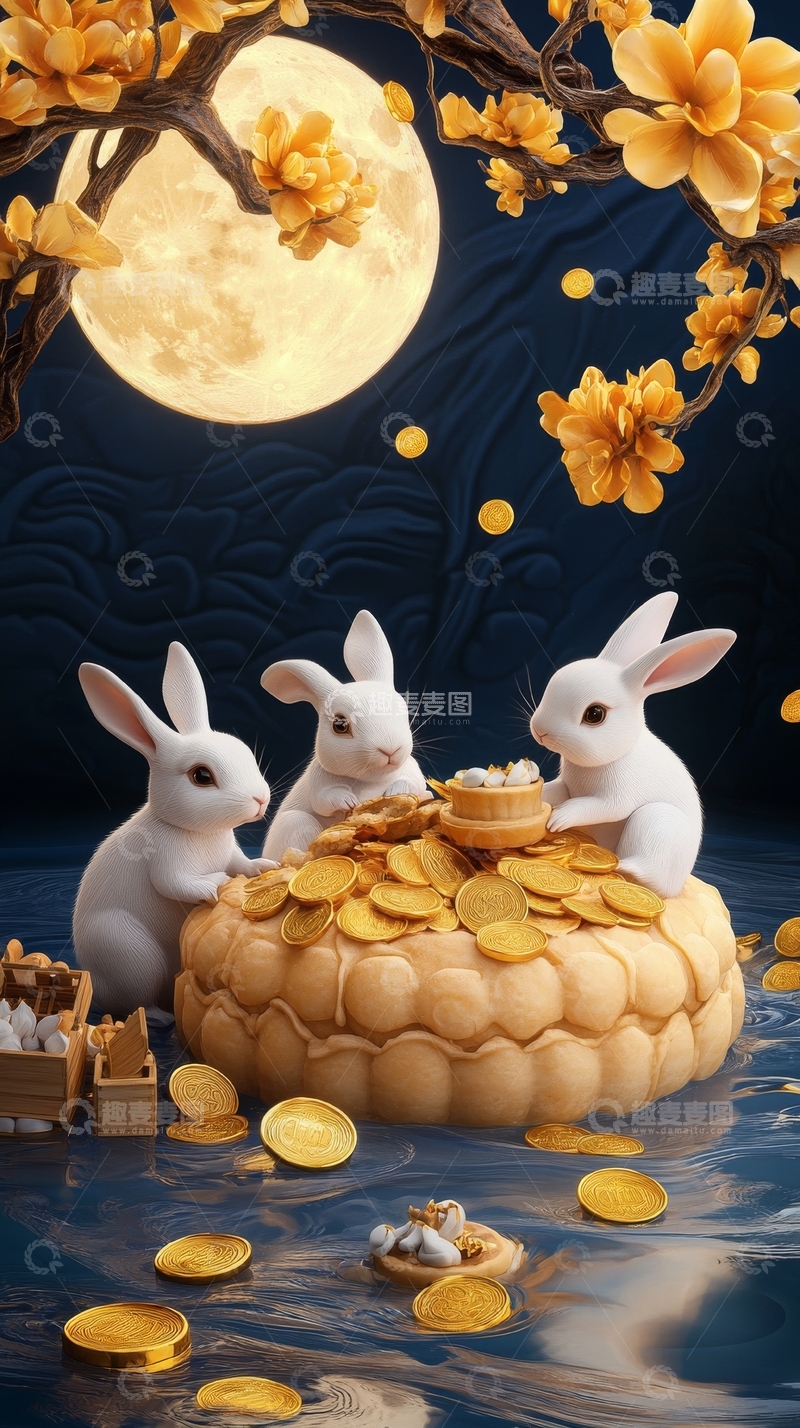 高清大图下载【趣麦麦图】月夜下的兔子与金币