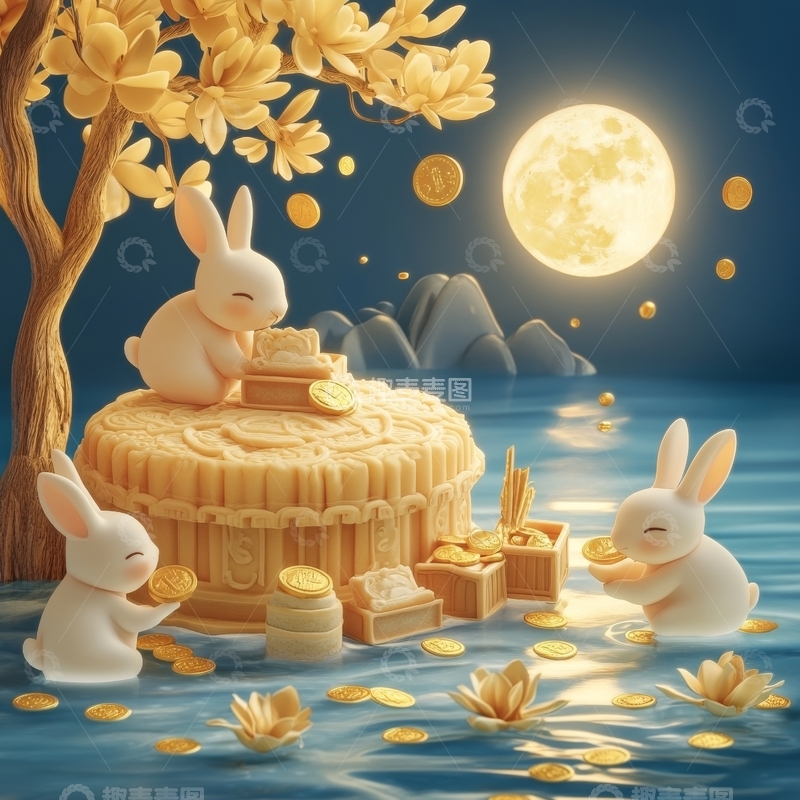 高清大图下载【趣麦麦图】月光下的兔子与月饼