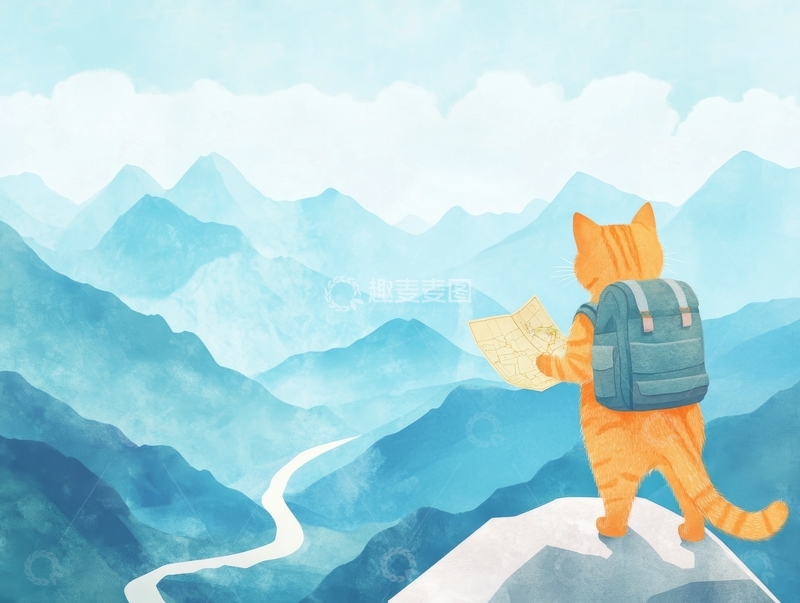 高清大图下载【趣麦麦图】背包猫咪山顶眺望远方