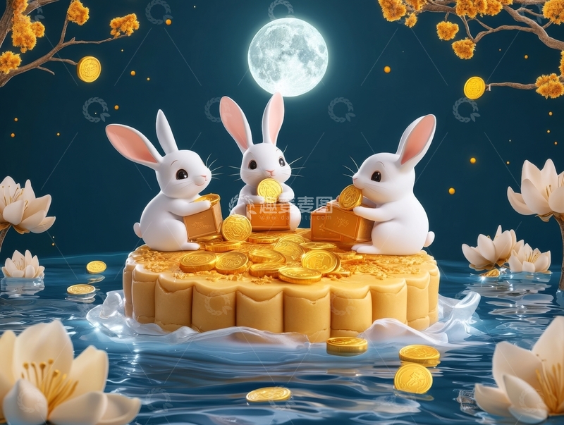 高清大图下载【趣麦麦图】三兔共赏金币月饼，月下花影映水景