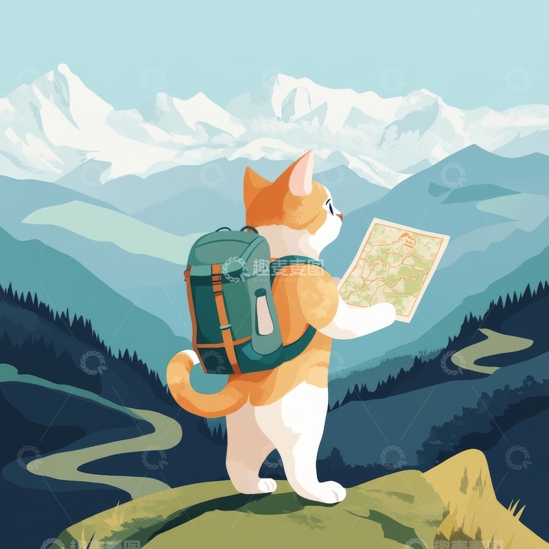 高清大图下载【趣麦麦图】背包猫咪山顶看地图