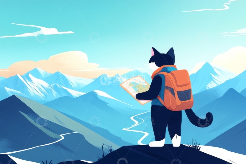 高清大图下载【趣麦麦图】猫形旅者眺望雪山