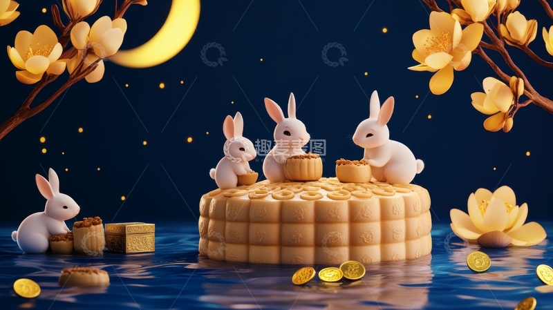 高清大图下载【趣麦麦图】中秋佳节玉兔月饼团圆场景