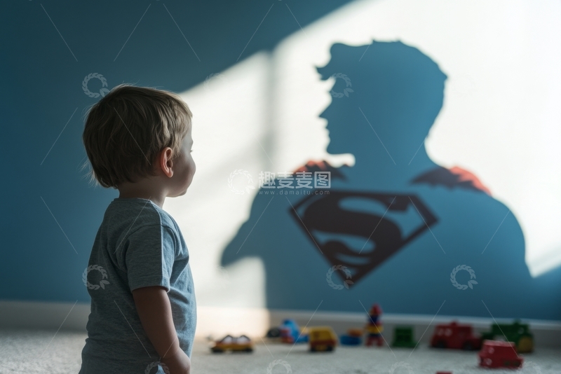 高清大图下载【趣麦麦图】小孩注视墙上超级英雄剪影