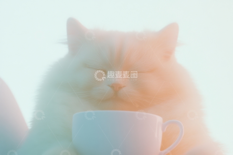 高清大图下载【趣麦麦图】白猫怀抱白色杯子，温馨宁静