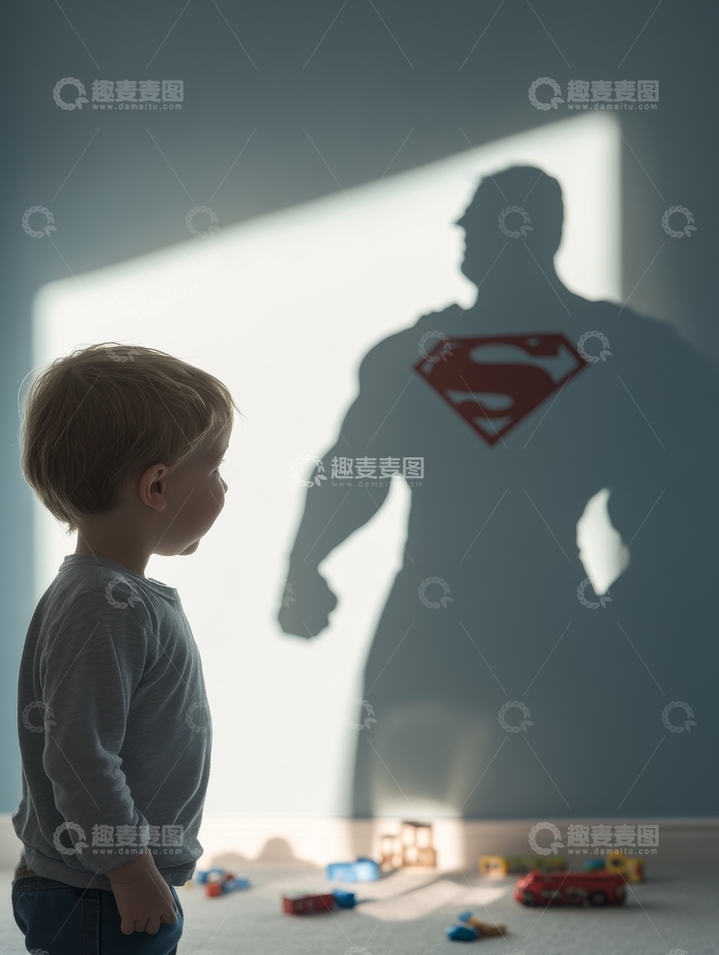 高清大图下载【趣麦麦图】小孩注视墙上超级英雄剪影
