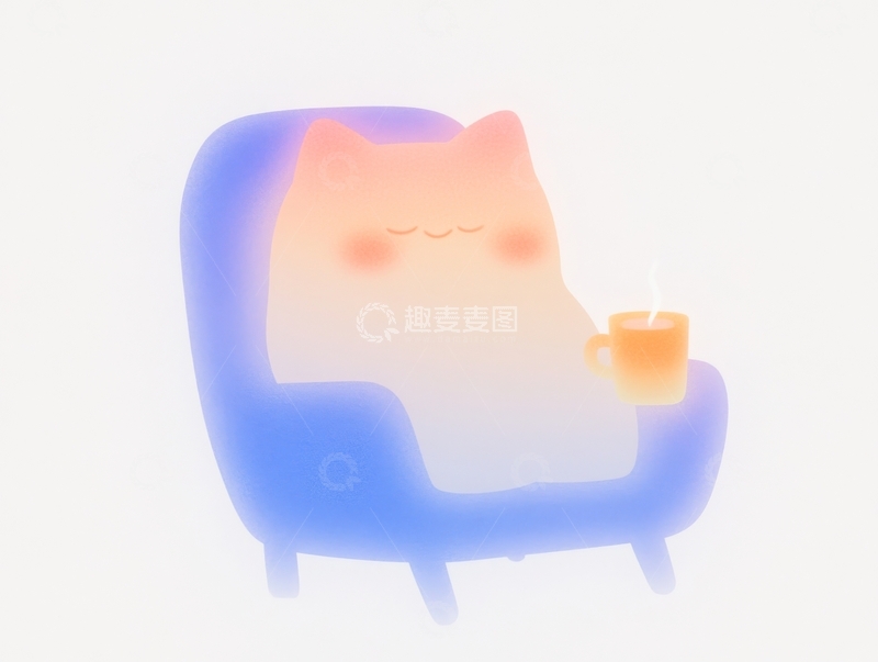 高清大图下载【趣麦麦图】猫咪悠闲地坐在沙发上，手捧热饮