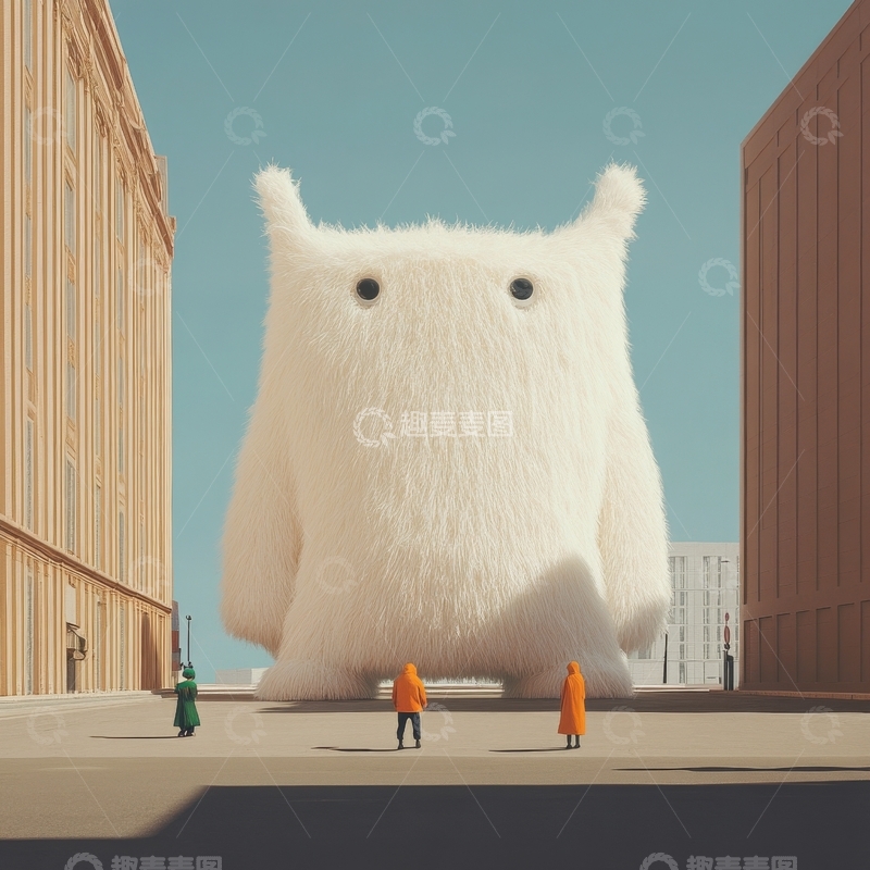 高清大图下载【趣麦麦图】-巨大毛绒猫头鹰与三个人物的街头场景