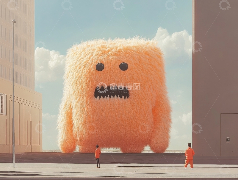 高清大图下载【趣麦麦图】城市中巨大的毛绒怪物与行人