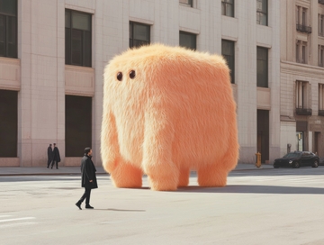 巨大毛绒生物与行人并行于城市广场