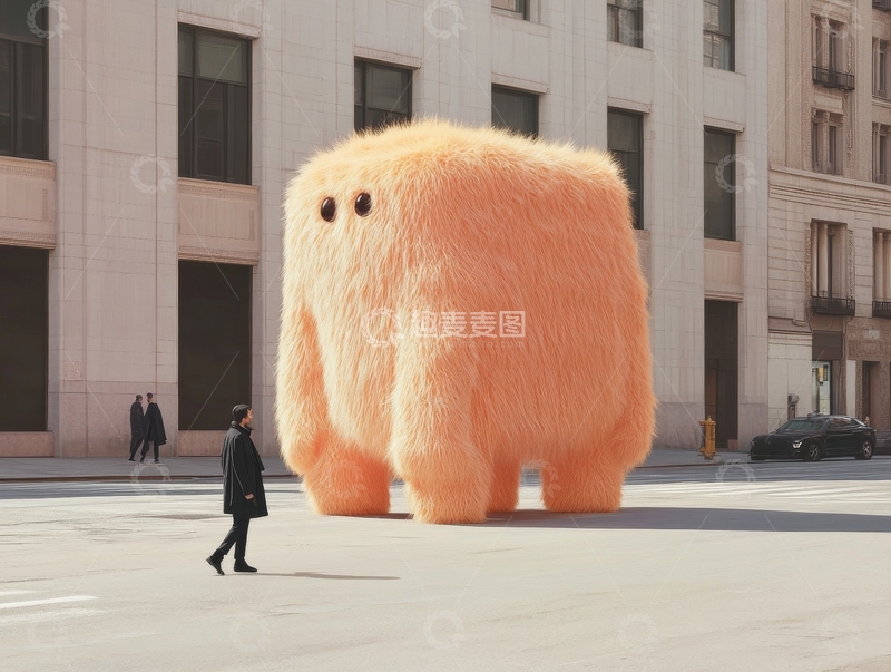 高清大图下载【趣麦麦图】巨大毛绒生物与行人并行于城市广场