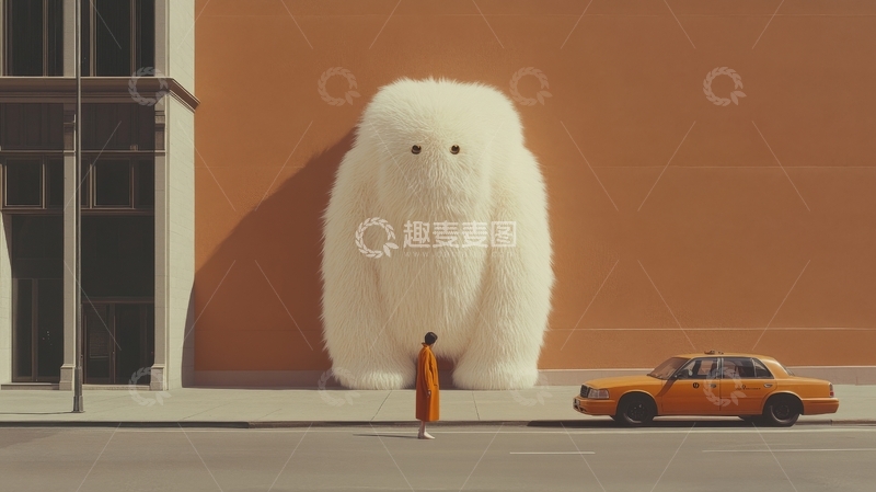 高清大图下载【趣麦麦图】巨大毛绒生物与行人和出租车