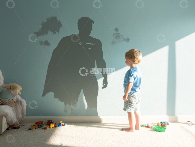 高清大图下载【趣麦麦图】孩子注视墙上超级英雄剪影