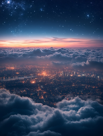 夜空云层之上俯瞰城市灯火