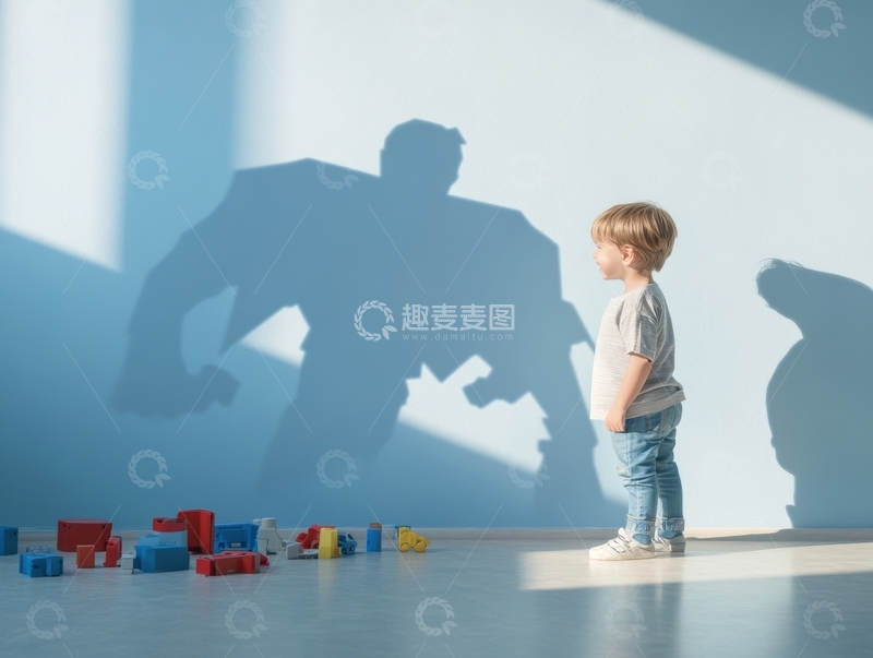 高清大图下载【趣麦麦图】小孩与墙上超级英雄影子的互动