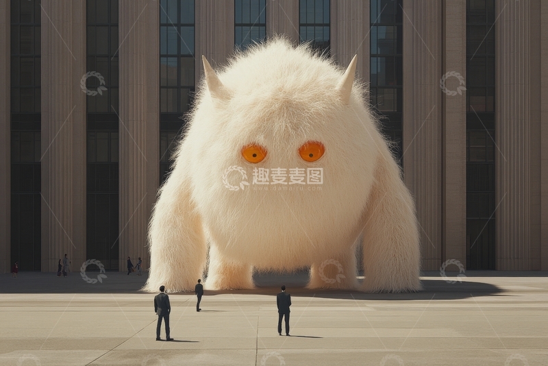 高清大图下载【趣麦麦图】-巨大毛绒生物与人类在建筑前