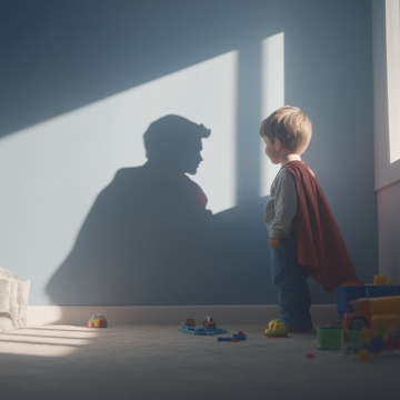 童子披斗篷，墙上投射超级英雄影