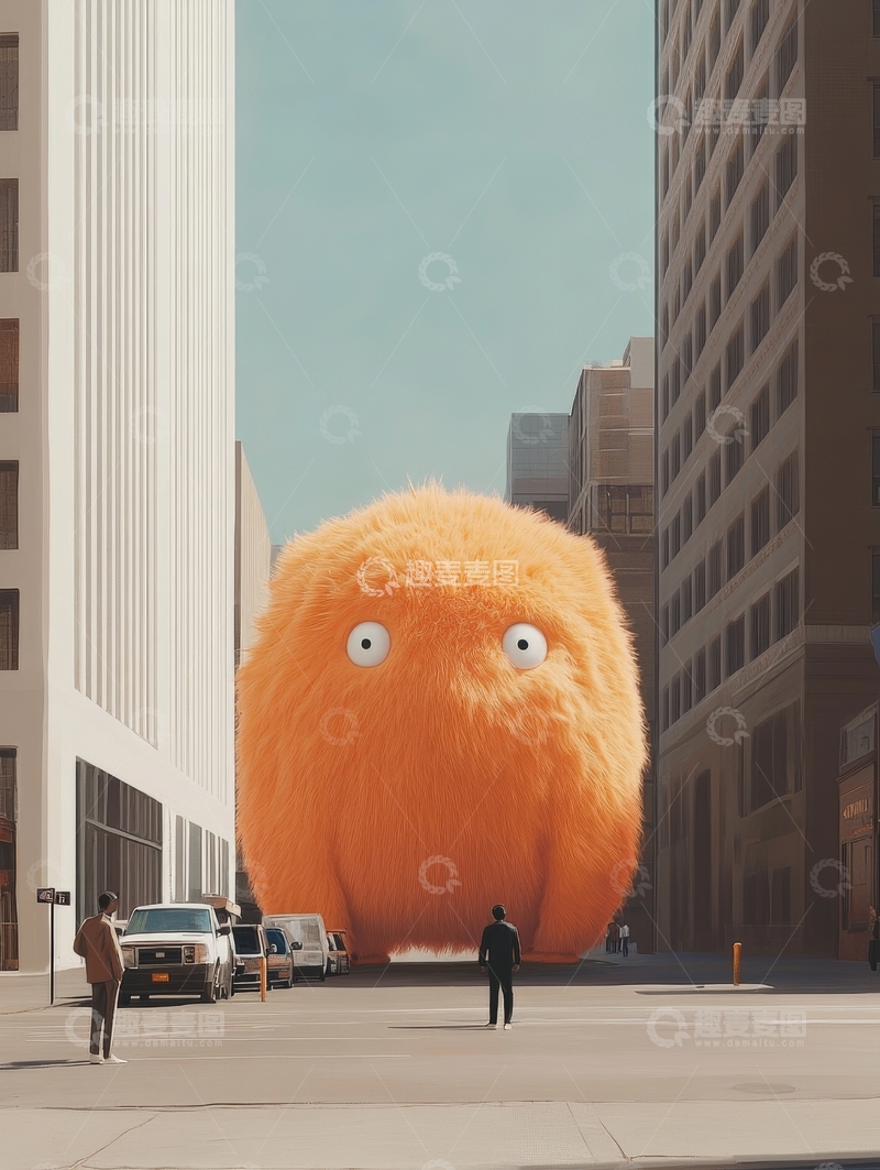 高清大图下载【趣麦麦图】城市街道上的巨大橙色毛绒生物
