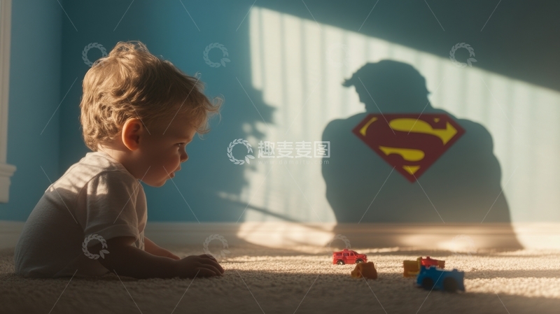 高清大图下载【趣麦麦图】小孩室内玩耍，墙上投影超人标志