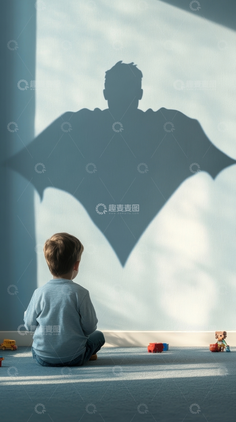 高清大图下载【趣麦麦图】男孩背影与超级英雄剪影