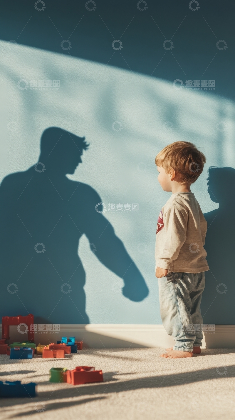 高清大图下载【趣麦麦图】小孩与墙上巨大影子的互动