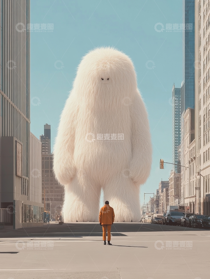 高清大图下载【趣麦麦图】城市街头，男子面对巨大毛绒生物