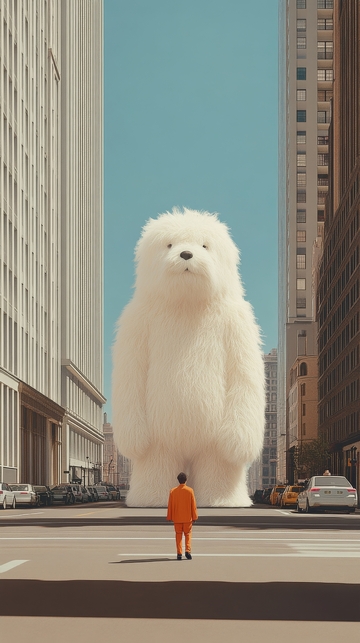 城市街头的巨大毛绒熊与行人