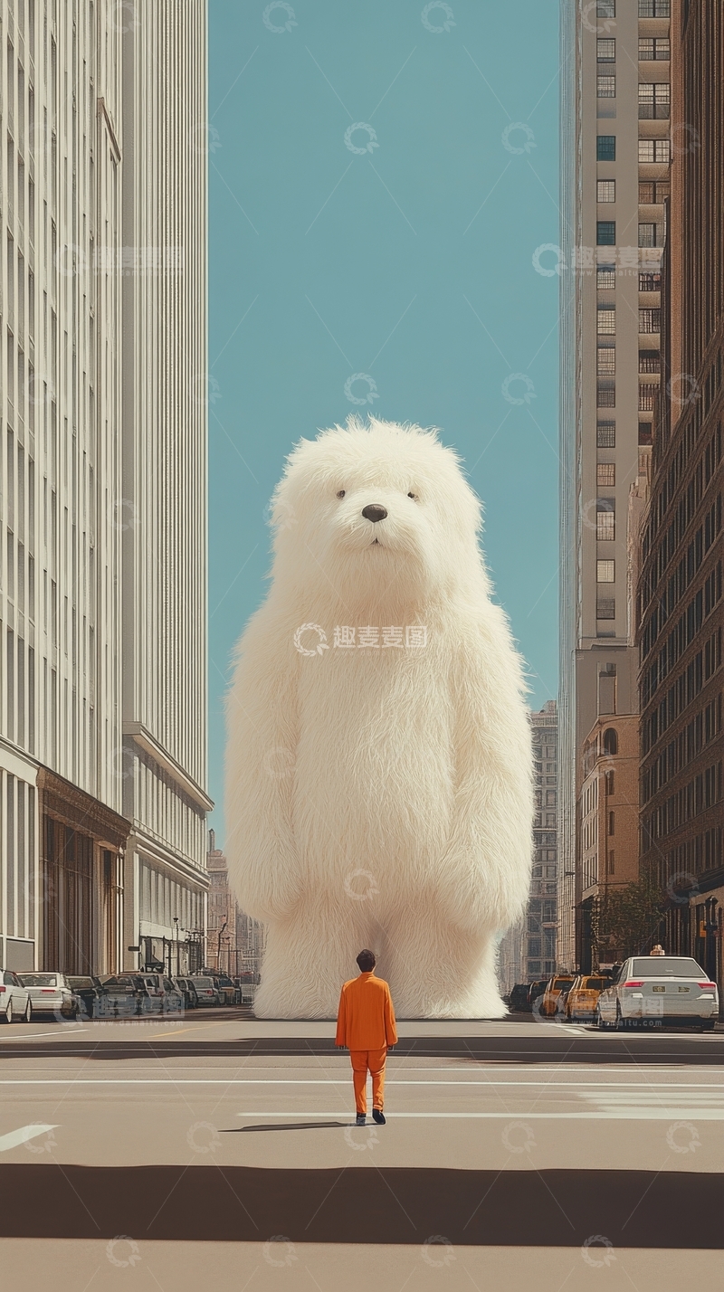高清大图下载【趣麦麦图】城市街头的巨大毛绒熊与行人