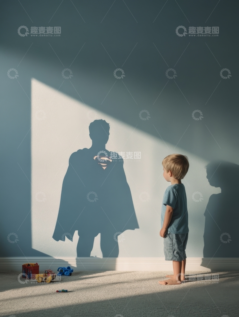 高清大图下载【趣麦麦图】男孩与超级英雄影子的互动