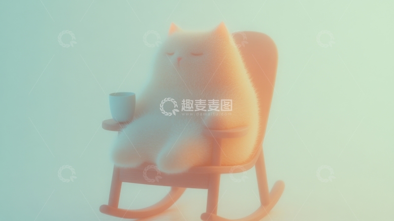 高清大图下载【趣麦麦图】猫咪摇椅上享受咖啡时光