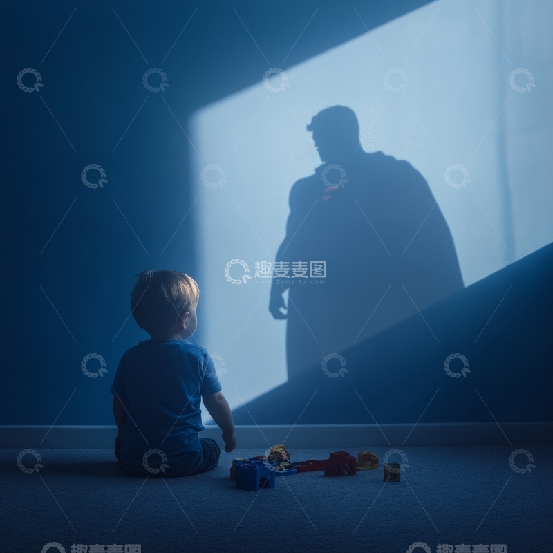 孩子注视墙上的超级英雄剪影