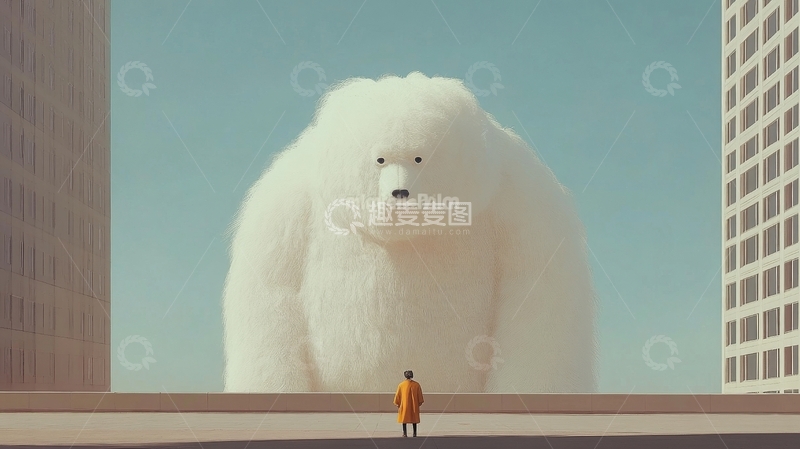 高清大图下载【趣麦麦图】城市中巨大白色毛绒生物与人对视