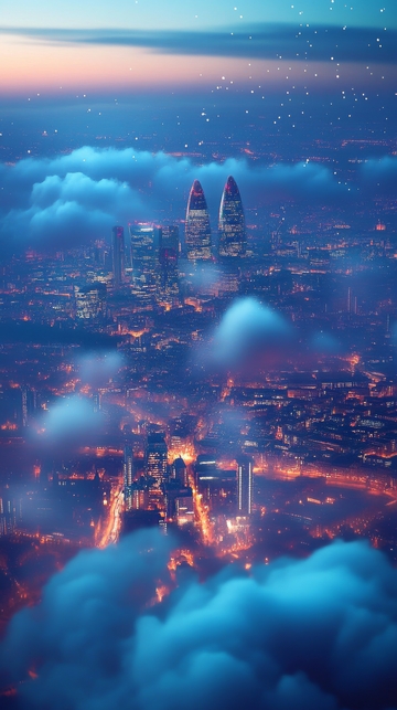 夜幕下的城市灯火与云海