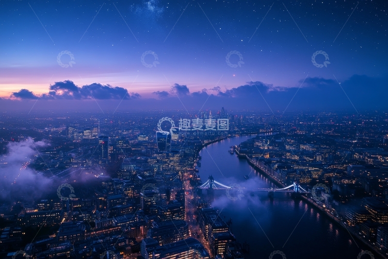 高清大图下载【趣麦麦图】夜幕下的城市河流全景