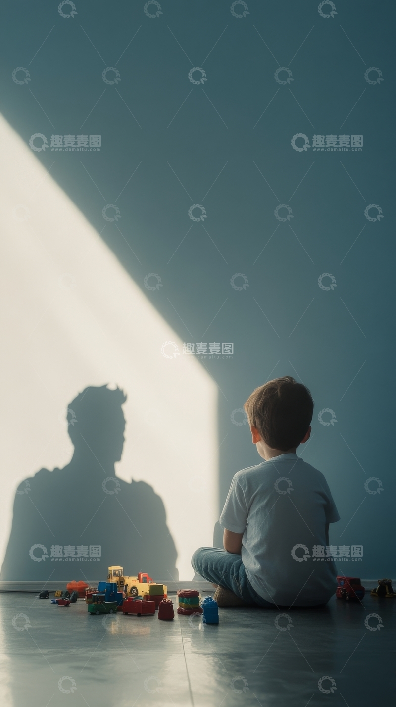 高清大图下载【趣麦麦图】男孩坐在地上，阳光投射出成人影子