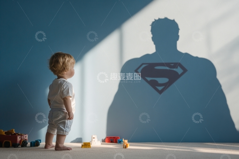 高清大图下载【趣麦麦图】小孩背影投射超级英雄轮廓