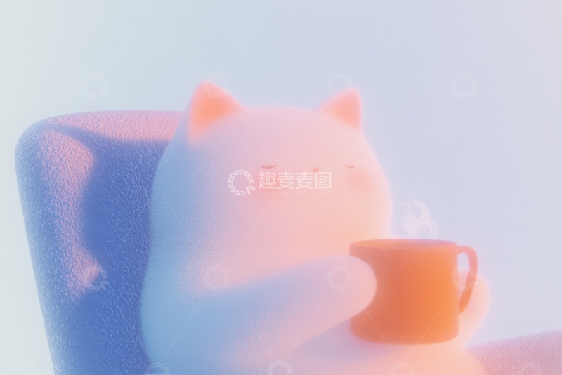 高清大图下载【趣麦麦图】粉色猫咪手捧橙色杯子，背景柔和