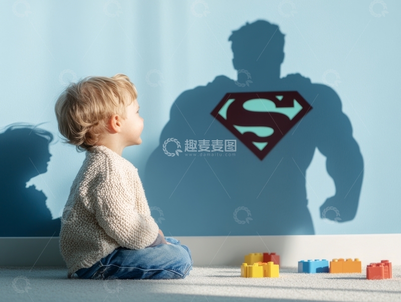 高清大图下载【趣麦麦图】小孩凝视墙上超级英雄剪影