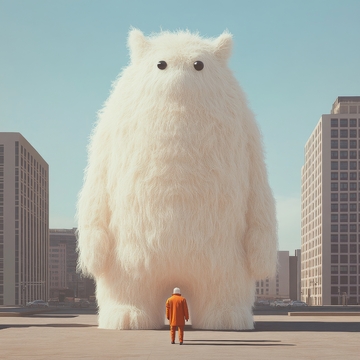 巨大毛绒生物与小人并立城市广场