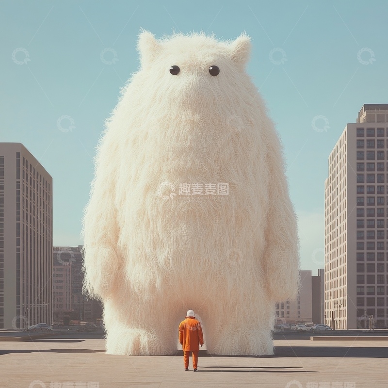 高清大图下载【趣麦麦图】巨大毛绒生物与小人并立城市广场