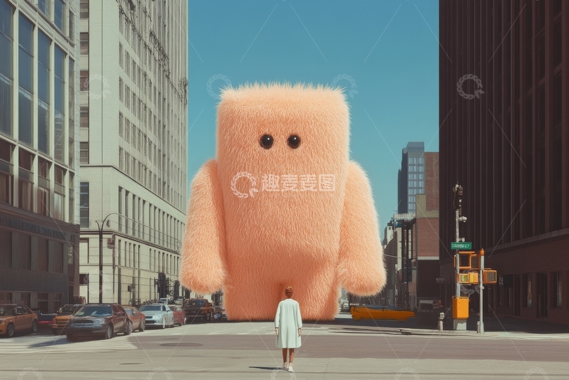 高清大图下载【趣麦麦图】城市街头，巨大毛绒生物与行人对视