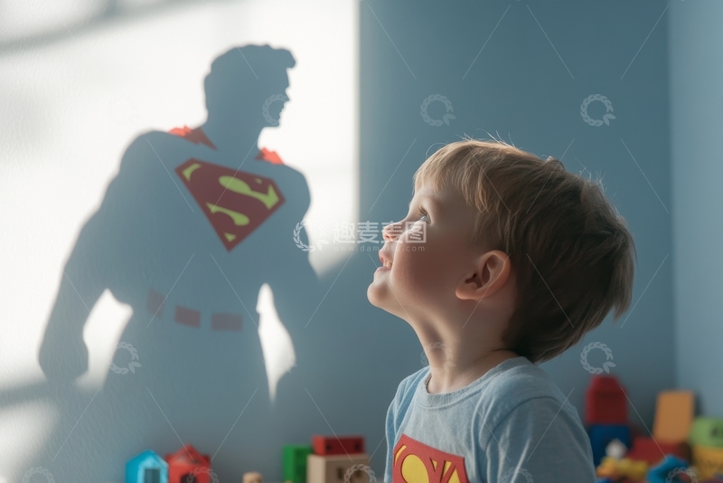 高清大图下载【趣麦麦图】孩子仰望墙上超级英雄影子